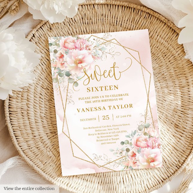 Sparkle Pale Pink Gold Peonies Dulce 16 Invitación (Sparkle Pale Pink Gold Peonies Sweet 16 Invitation)