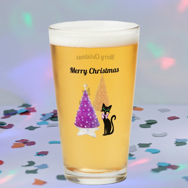 Sparkle Pink Silver Christmas Tree Black Cat Bow (Sparkle pink silver tree black cat pink bow on Merry Christmas drinking glass.)