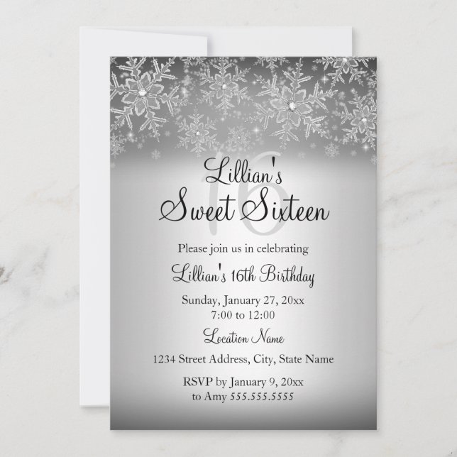 Sparkle Silver Snowflake Sweet 16 Invitación (Anverso)