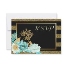 Sparkle Stripe Gold Mint Floral Wedding RSVP