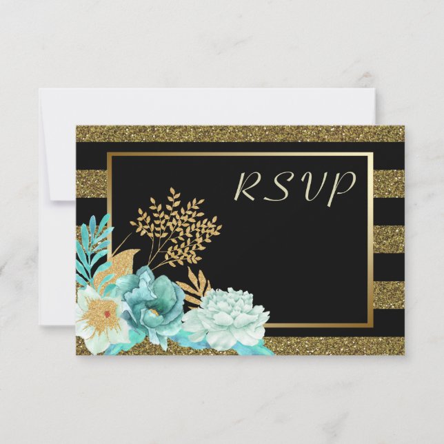 Sparkle Stripe Gold Mint Floral Wedding RSVP (Anverso)