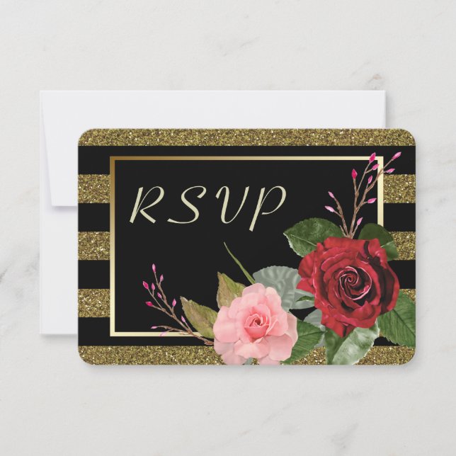 Sparkle Stripe Roses Rojas Rosadas Boda RSVP (Anverso)