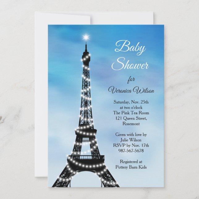 Sparkling Parisian Baby Shower Invitación azul (Anverso)