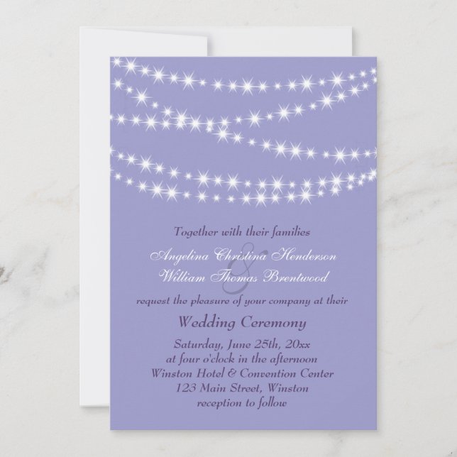 Sparkling Twinkle Luces Boda Invitación púrpura (Anverso)