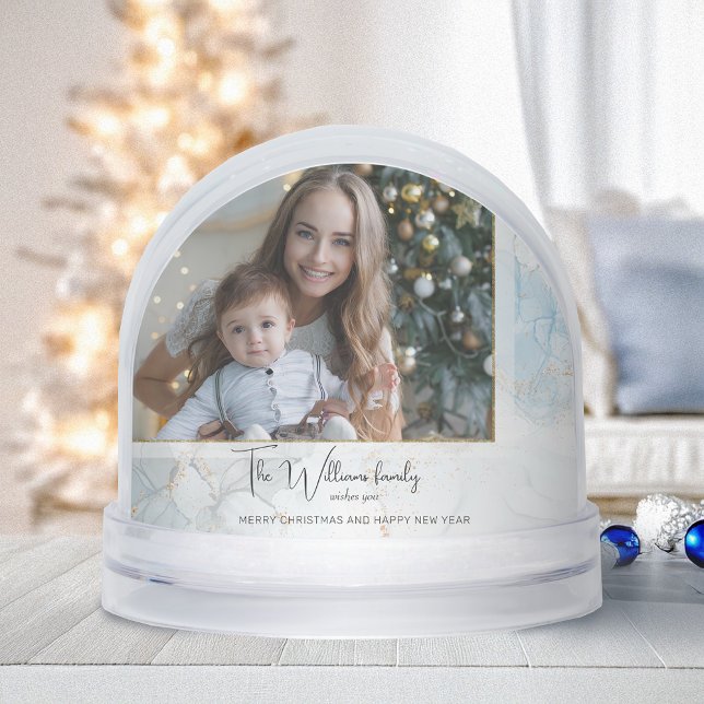 Sparkly Blue & Gold Marble Photo Snow Globe (Subido por el creador)