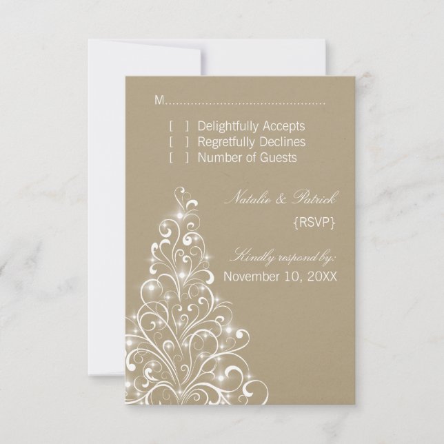 Sparkly Holiday Tree Wedding RSVP Card, Latte (Anverso)