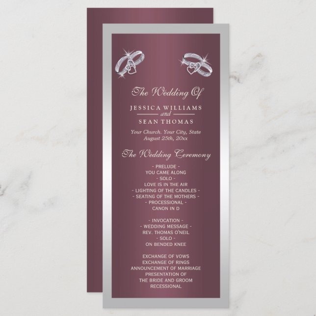 Sparkly Silver Rings & Burgandy Wedding Program (Anverso / Reverso)