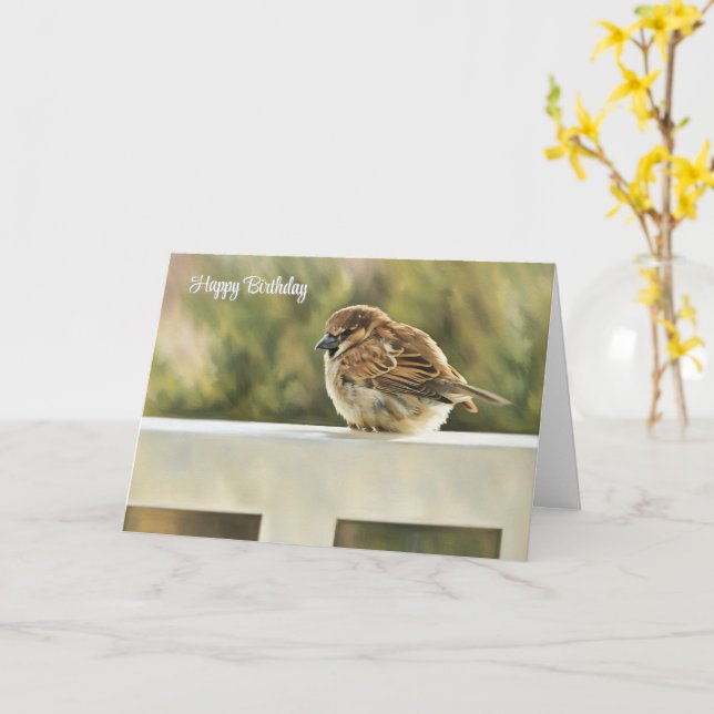 Sparrow en el tren - Tarjeta de cumpleaños (flor amarilla)
