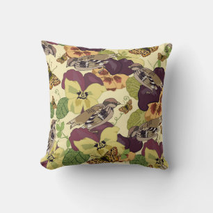Sparrows & Pansies - Cojín decorativo de la natura