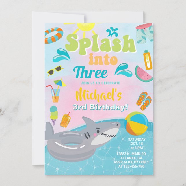 Splash en invitación de cumpleaños de tres fiestas (Anverso)