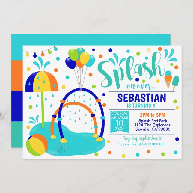 Splash Pad Invitación parque acuático Birthday Boy (Anverso / Reverso)