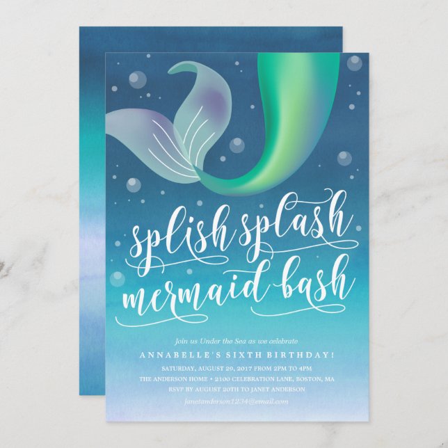 Splish Splash Mermaid Bash Invitación al cumpleaño (Anverso / Reverso)