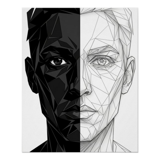Split Face Low Poly Geometric Line Art Poster (Anverso)