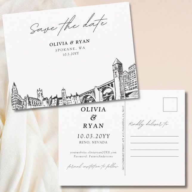 Spokane Salve la cita de la boda elegante postal (Spokane Save the Date Postcard Elegant Wedding)