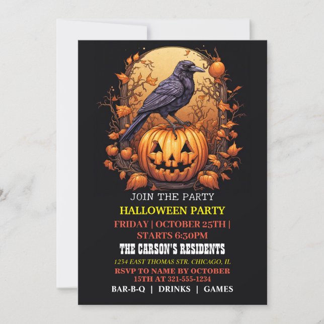 Spooky Black Raven Halloween Party Invitaciones (Anverso)