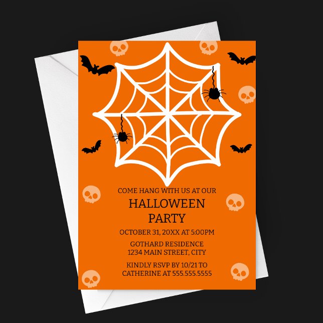 Spooky-Cute Spider Invitación a la fiesta de Hallo (Cute Spooky Spider Web Halloween Party Invitation with skulls, bats, spiders)