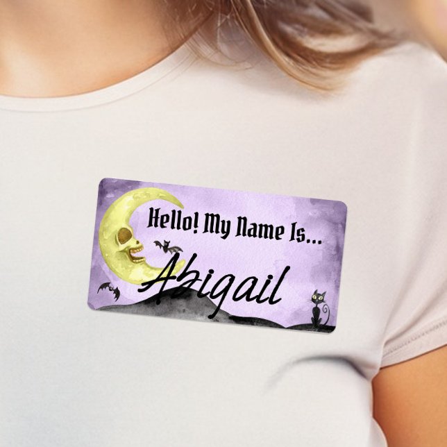 Spooky Halloween Hola Mi Nombre Es Pegatina Púrpur (Spooky Halloween Party "Hello My Name Is" Name Tags)