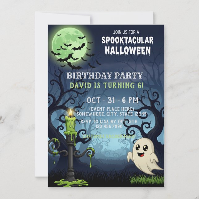 Spooky Halloween Invitación Card con Ghost, Bats (Anverso)