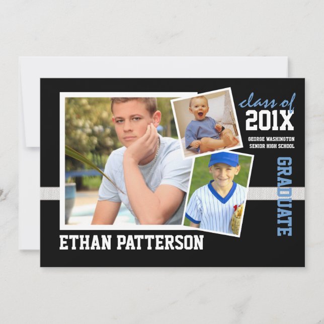 Sporty 3 Invitación de graduación fotográfica Azul (Anverso)