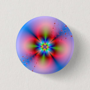 Spray floral rosa sobre el botón azul del pinback