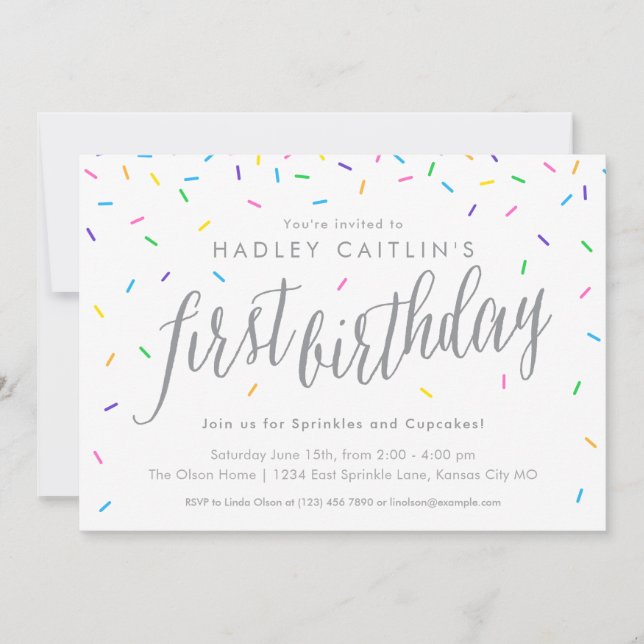 Sprinkles Invitación de primer cumpleaños, dulce y (Anverso)