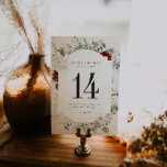 Spruce & Lace | Tarjeta de número de tabla floral<br><div class="desc">Añada un toque elegante a su recepción de bodas de invierno con este Spruce & Lace | Tarjeta de número de tabla floral de invierno. Con una impresionante disposición de vegetación de temporada, delicados elementos de encaje y flores de borgoña, esta carta aporta la magia del invierno a su decoración...</div>
