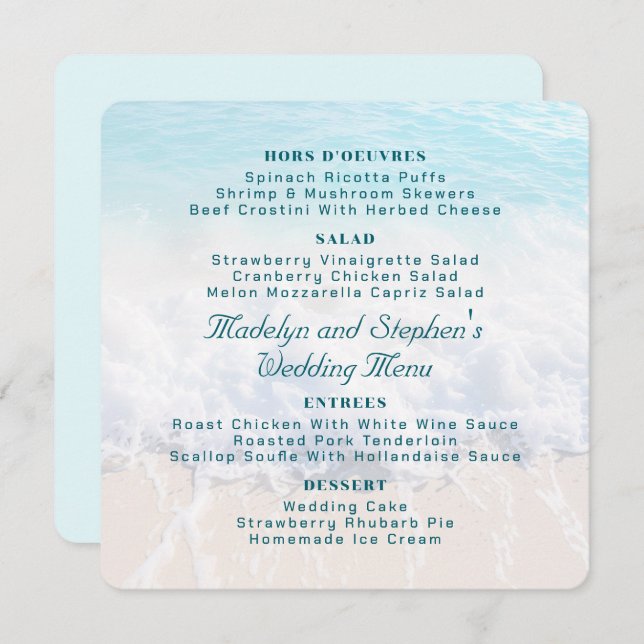 Square Beach Background Wedding Menu Template (Anverso / Reverso)