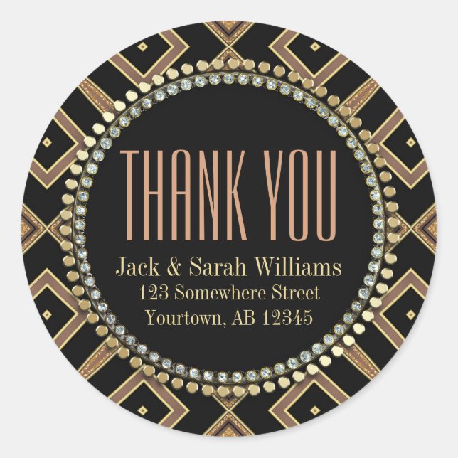 Squaza Art Deco Oro Negro Gracias Pegatinas redond (Anverso)