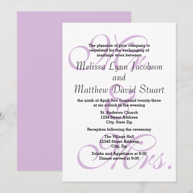 Sr. & Mrs. Purple - Invitación a Boda y recepción (Anverso / Reverso)