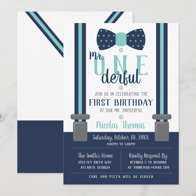 Sr. ONEMaravillosa invitación de cumpleaños, azul, (Anverso / Reverso)