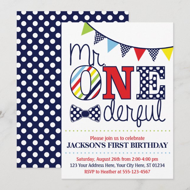 Sr. ONEmaravillosas invitaciones de cumpleaños (Anverso / Reverso)