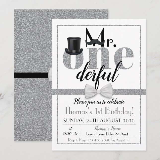 Sr. Onemaravilloso cumpleaños invitación negro y b (Anverso / Reverso)