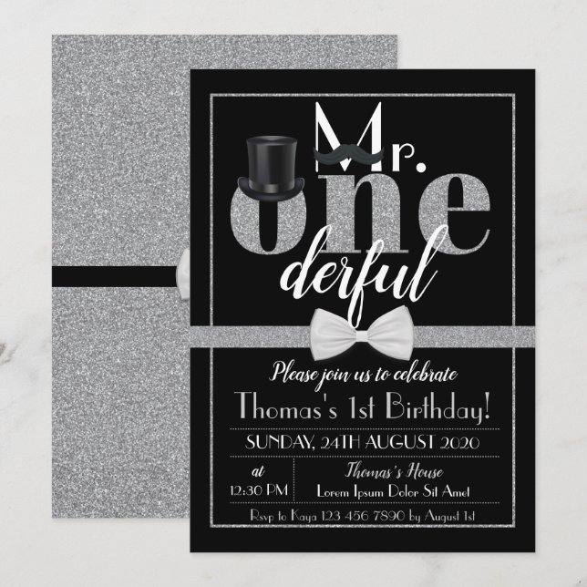 Sr. Onemaravilloso Invitación de cumpleaños Negro  (Anverso / Reverso)