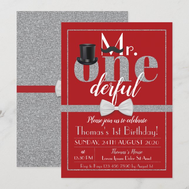 Sr. Onemaravilloso Invitación de cumpleaños Red &  (Anverso / Reverso)