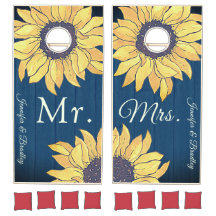 Sr. Sra. Rustic Navy Blue Wood Yellow Sunflower