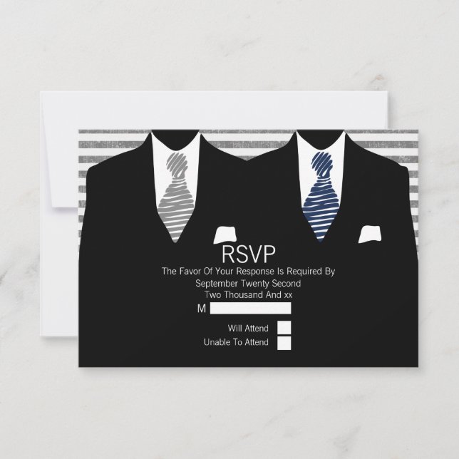 Sr. y Sr. Suit Gray Navy Ties Gay Wedding RSVP (Anverso)