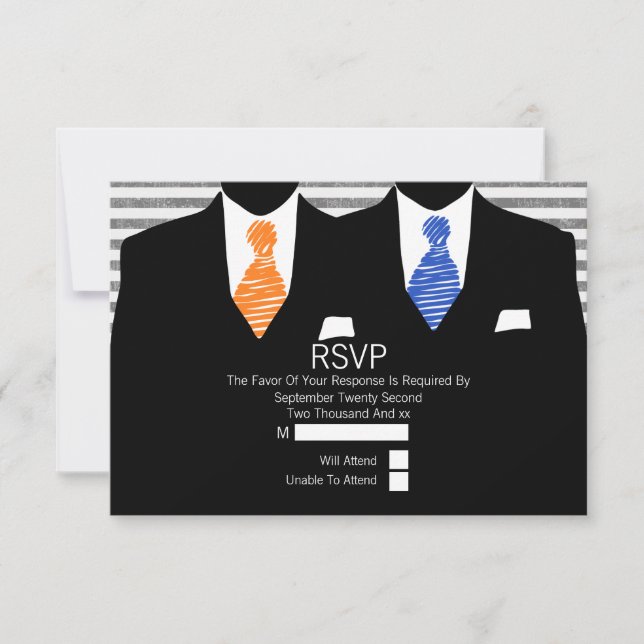 Sr. y Sr. Suit Naranja Blue Ties Gay Wedding RSVP (Anverso)