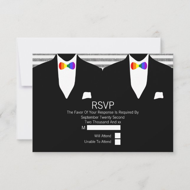 Sr. y Sr. Suit Rainbow Bow Ties Gay Wedding RSVP (Anverso)