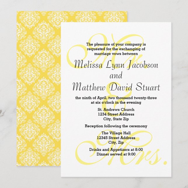 Sr. y Sra. Amarillo - Invitación de Boda y Recepci (Anverso / Reverso)