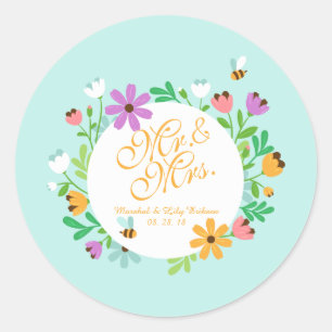 Sr. y Sra. Elegant Boda Floral   Sello Pegatina