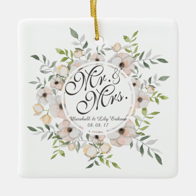 Sr. y Sra. Floral Watercolor Boda | Ornamento (Anverso)