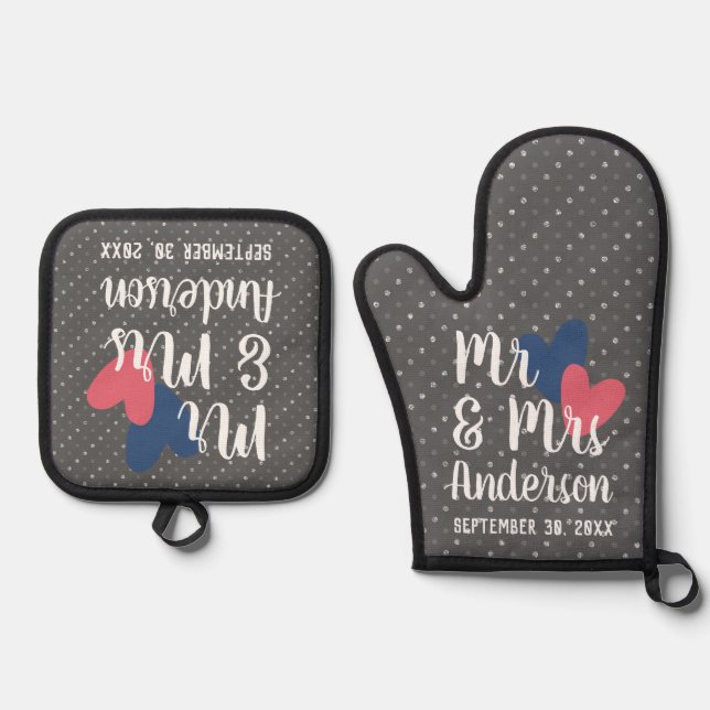 Sr. y Sra. Oven Mitt y Pot Holder Set personalizad (Anverso)