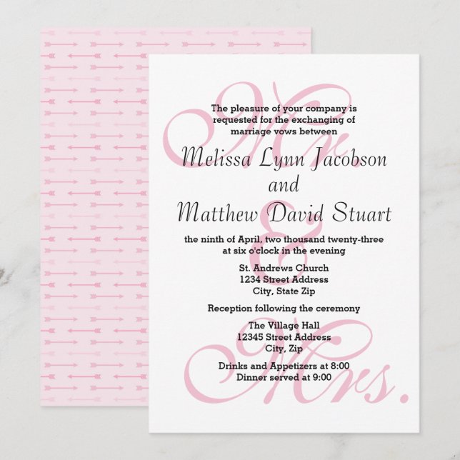 Sr. y Sra. Pink - Invitación de Boda y Recepción (Anverso / Reverso)