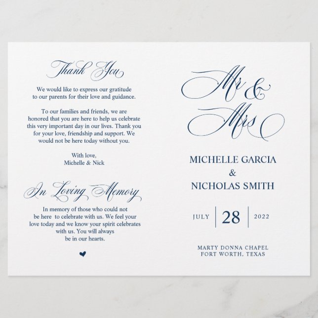 Sr. y Sra., Programa de matrimonio plegable, azul  (Anverso)