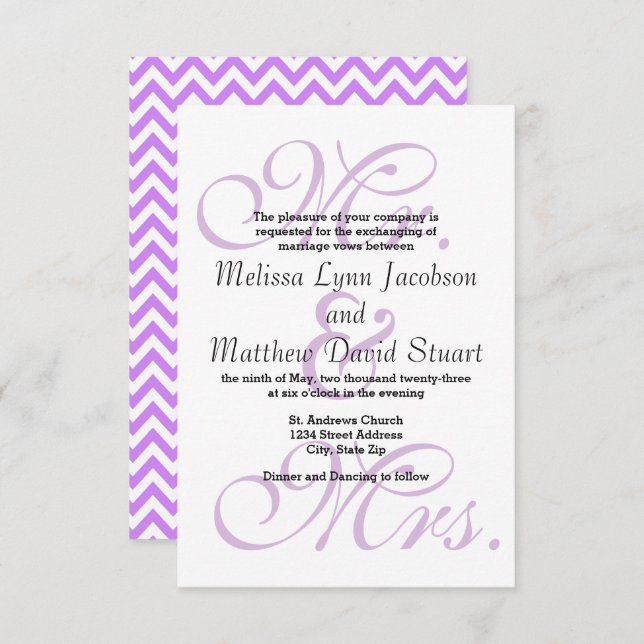 Sr. y Sra. Purple Chevron - Invitación a la boda 3 (Anverso / Reverso)
