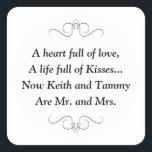 Sr. y Sra. Square Pegatina<br><div class="desc">Este encantador pegatina de Mr. y Mrs. square presenta un querido poema personalizado con los nombres de la novia y el novio. Este sería un pegatina perfecto para acentuar una caja de favores sosteniendo Hershey Kisses.
Productos a juego disponibles.</div>