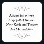 Sr. y Sra. Square Pegatina<br><div class="desc">Este encantador pegatina de Mr. y Mrs. square presenta un querido poema personalizado con los nombres de la novia y el novio. Este sería un pegatina perfecto para acentuar una caja de favores sosteniendo Hershey Kisses.
Productos a juego disponibles.</div>