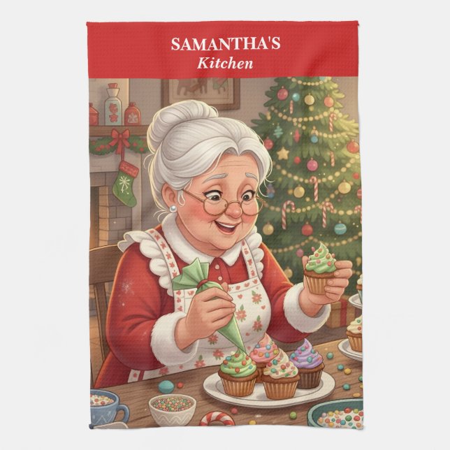 Sra. Claus Holiday Cupcake Kitchen Toalla (Vertical)