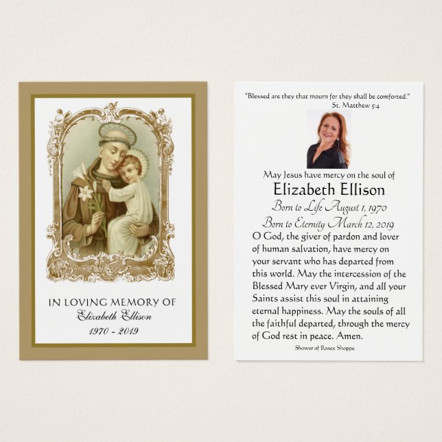 St. Anthony Catholic Funeral Memorial Holy Card - (Anverso y reverso)
