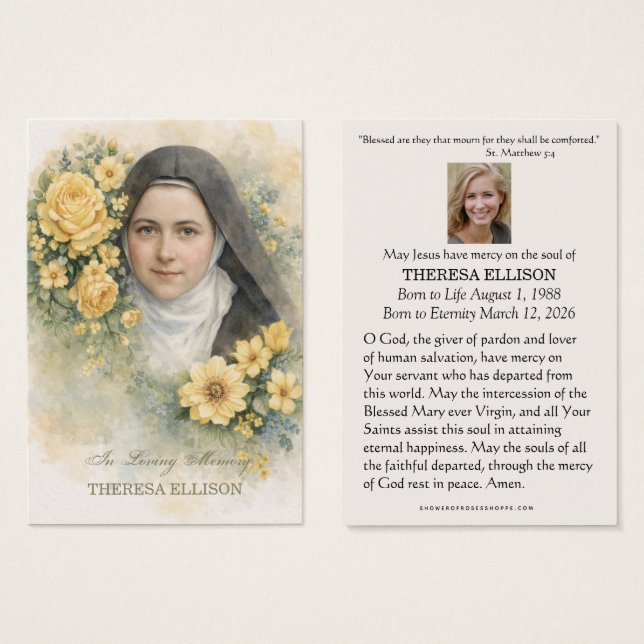 St. Therese Yellow Floral Funeral Prayer Memorial  (Anverso y reverso)
